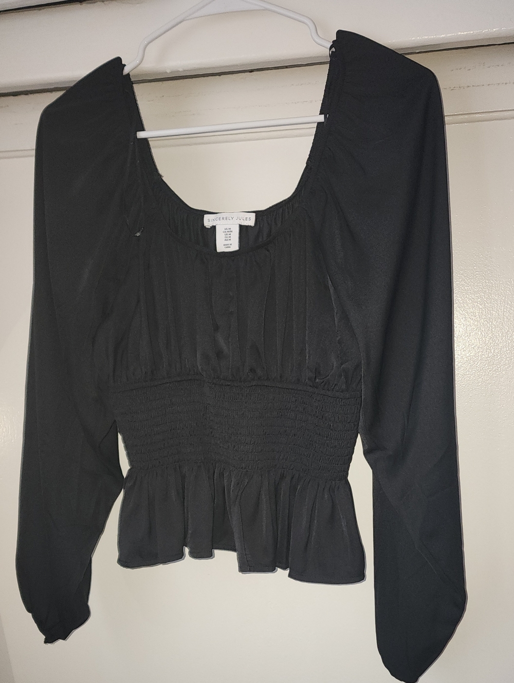 Sincerely Jules Black Smocked Peplum Long Sleeve Top